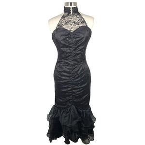 Vintage Dirty Dancing Halter Lace Overlay Cocktail Dress 4 Black Mermaid 1987